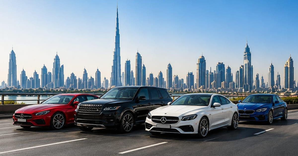 Economy, SUV and luxury rental cars with the Dubai skyline behind them