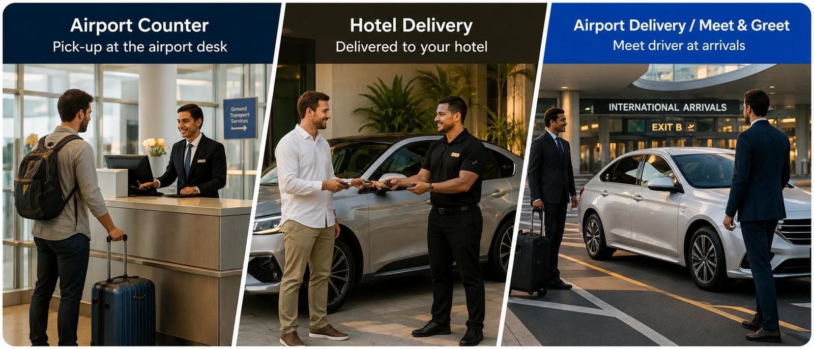 The three Dubai rental handovers side by side: the airport counter, hotel delivery and an airport meet-and-greet at arrivals
