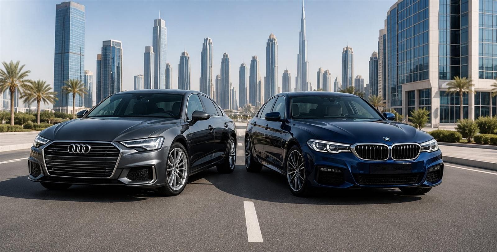 Ein grauer Audi A6 und ein blauer BMW 5 Series vor der Skyline von Dubai