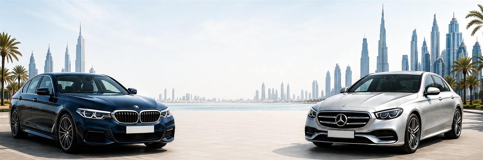 سيارة BMW 5 Series مقابل Mercedes E-Class أمام أفق دبي