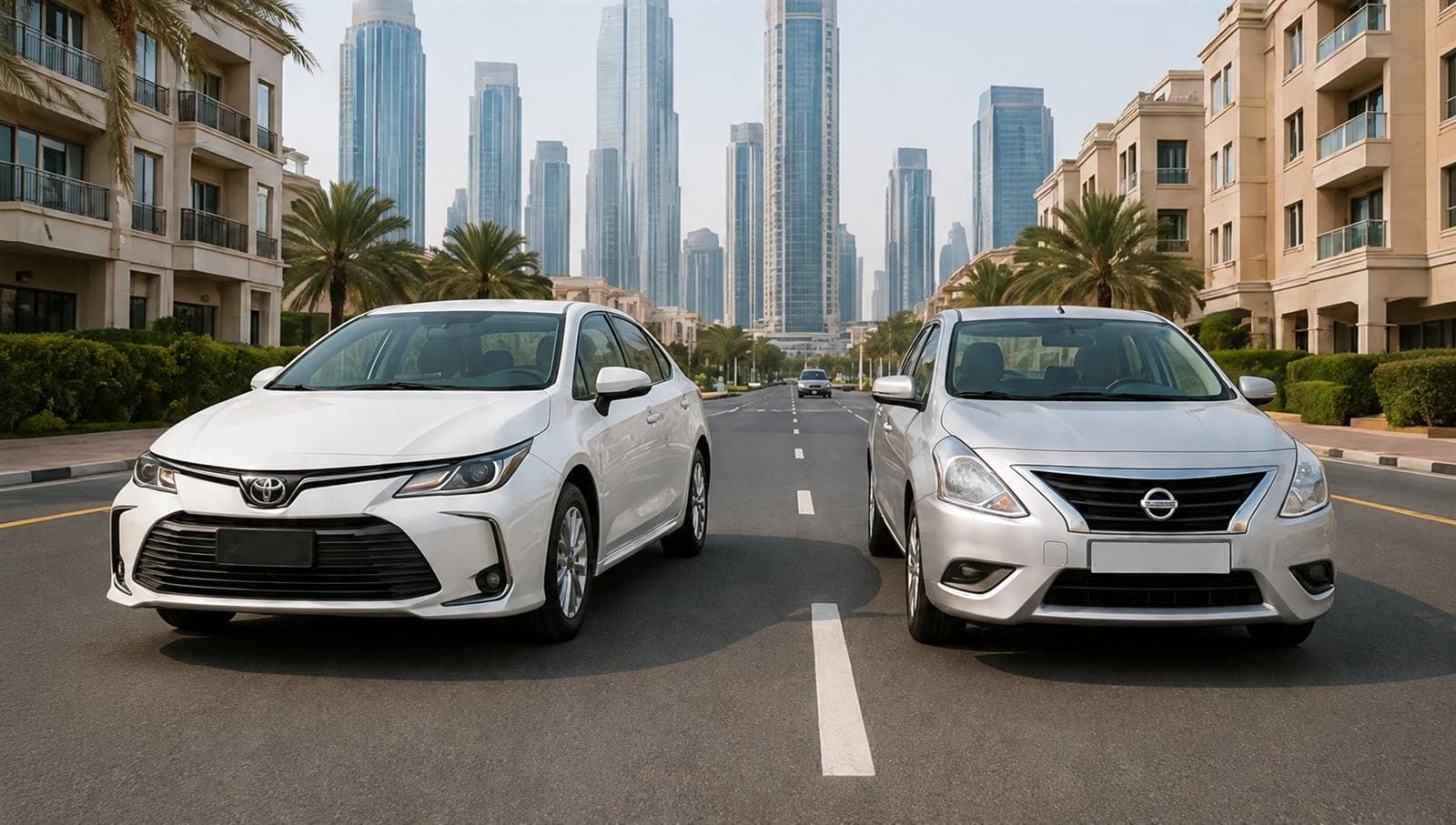 A white Toyota Corolla and a silver Nissan Sunny on a Dubai street
