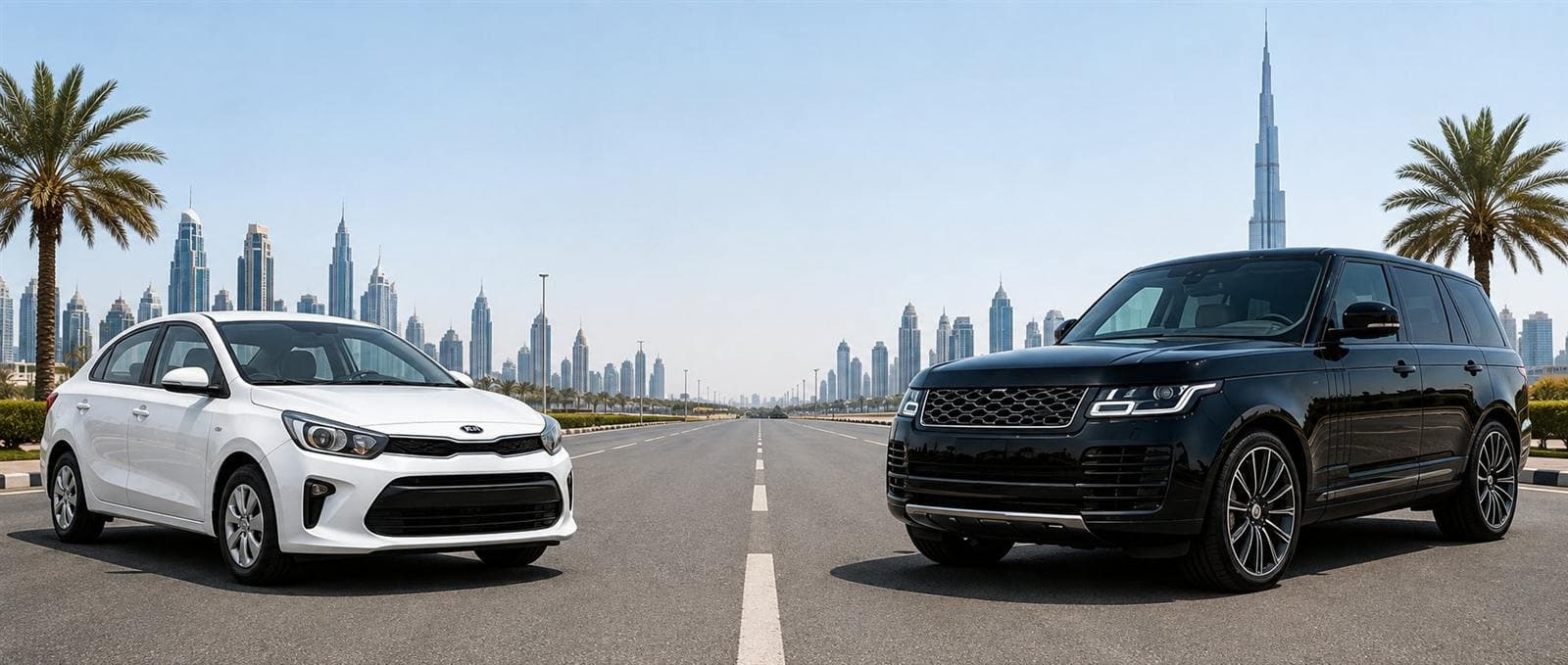 Dubai yolunda karşılıklı duran beyaz bir ekonomik sedan ile siyah bir lüks Range Rover