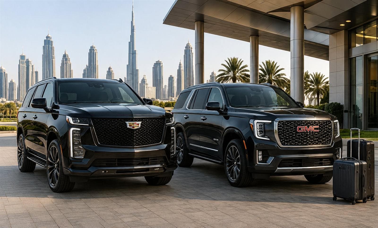 A black Cadillac Escalade and a GMC Yukon with airport luggage in front of the Dubai skyline