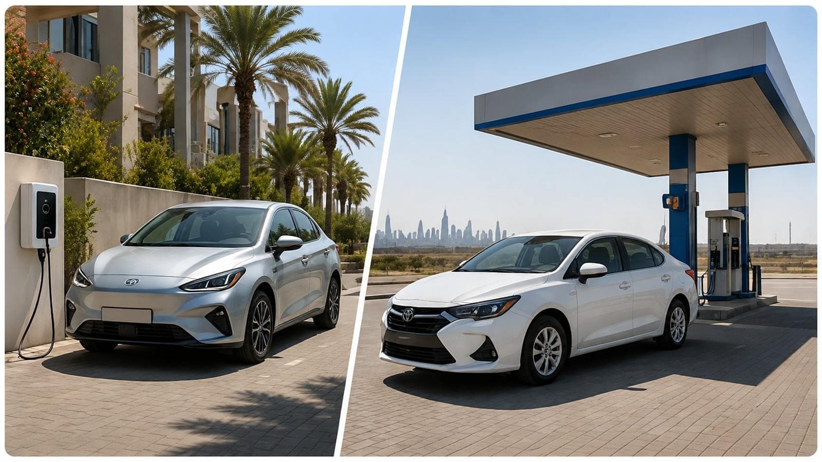 An electric car charging at a residence wallbox beside a petrol sedan at a Dubai fuel station