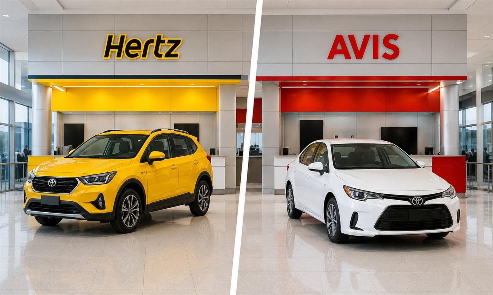 Hertz ve Avis kiralama bankoları, kendilerine özgü sarı ve kırmızı marka renkleriyle yan yana