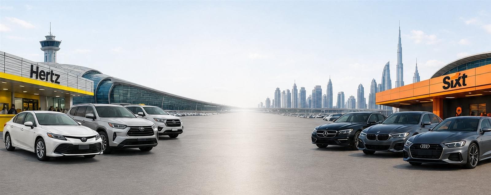 Bir Dubai havalimanında Sixt bankosunun karşısındaki Hertz kiralama bankosu