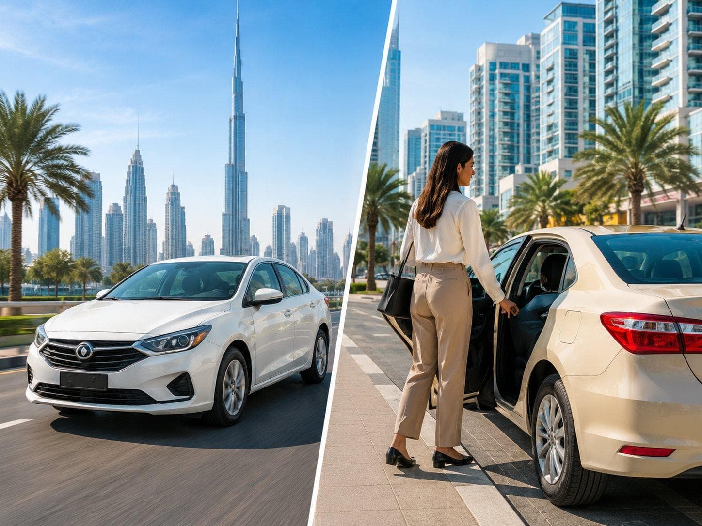 A rental car on Sheikh Zayed Road beside a traveler stepping into a ride-hail taxi in Dubai