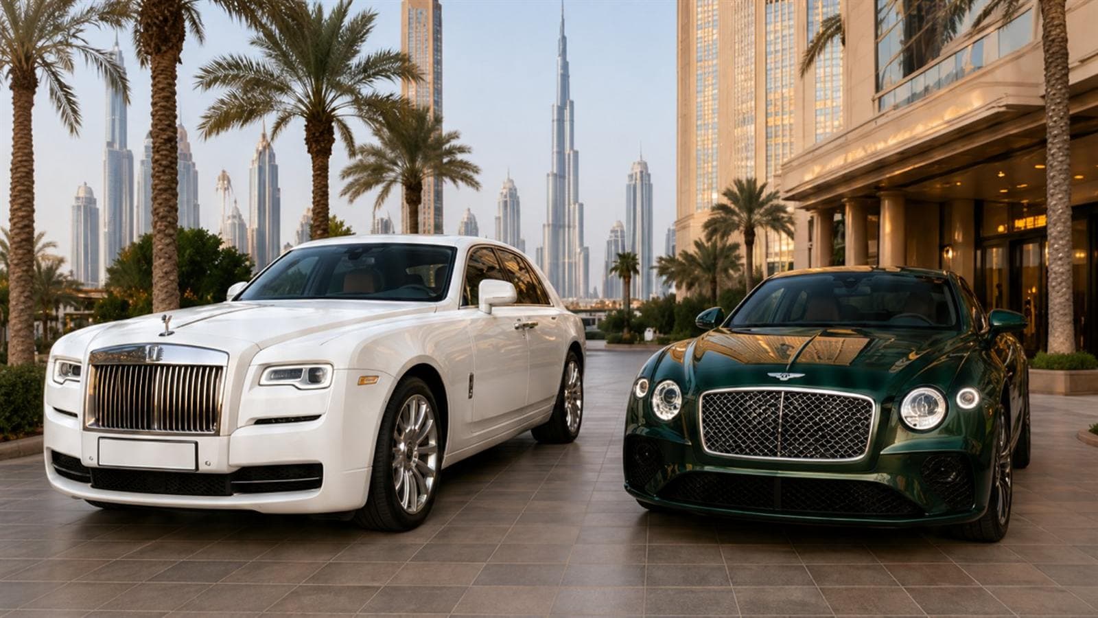 Bir Dubai otelinin girişinde beyaz bir Rolls-Royce Ghost ve yeşil bir Bentley Continental GT
