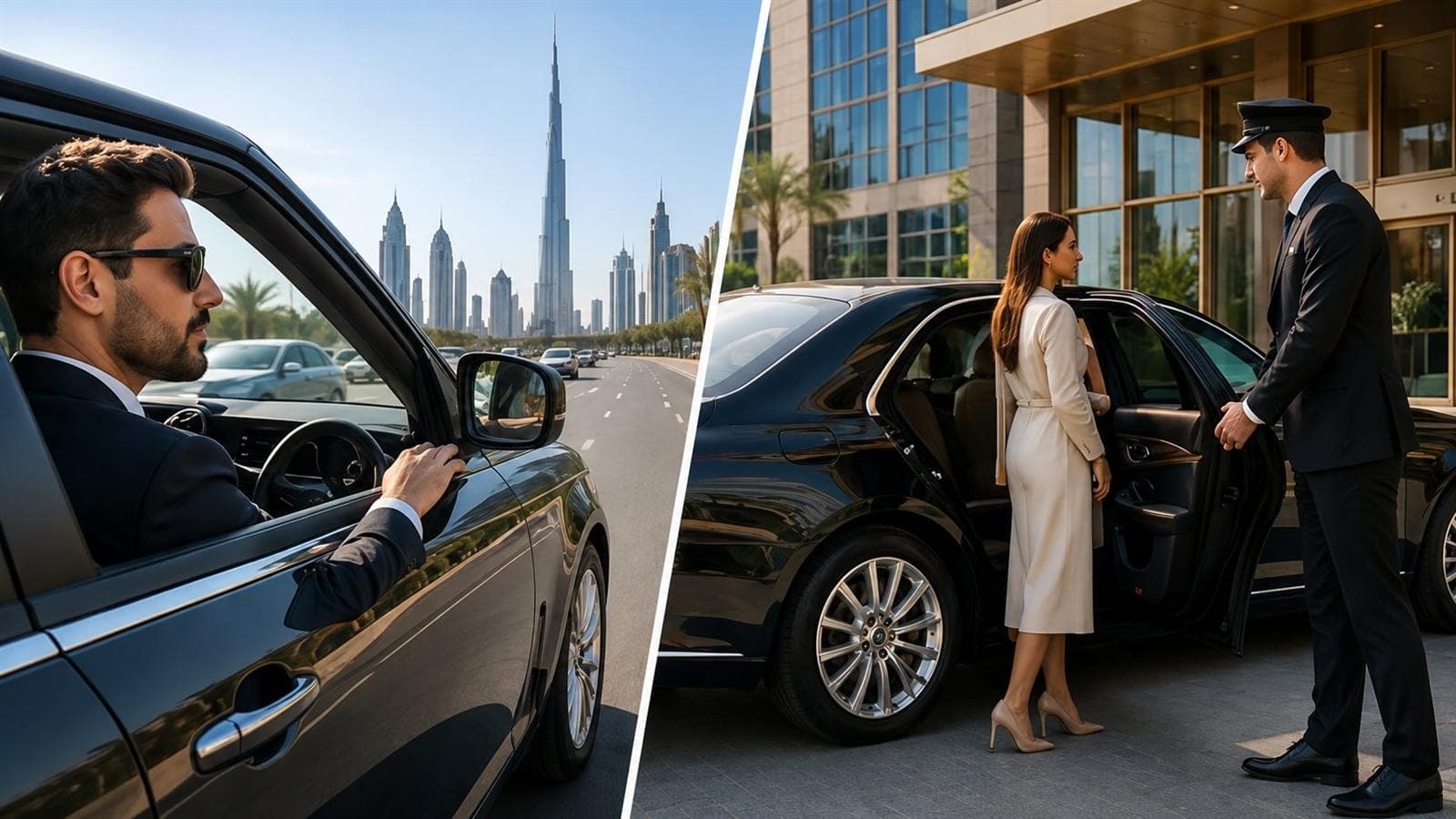 A self-drive renter at the wheel on Sheikh Zayed Road beside a chauffeur opening the door of a black sedan