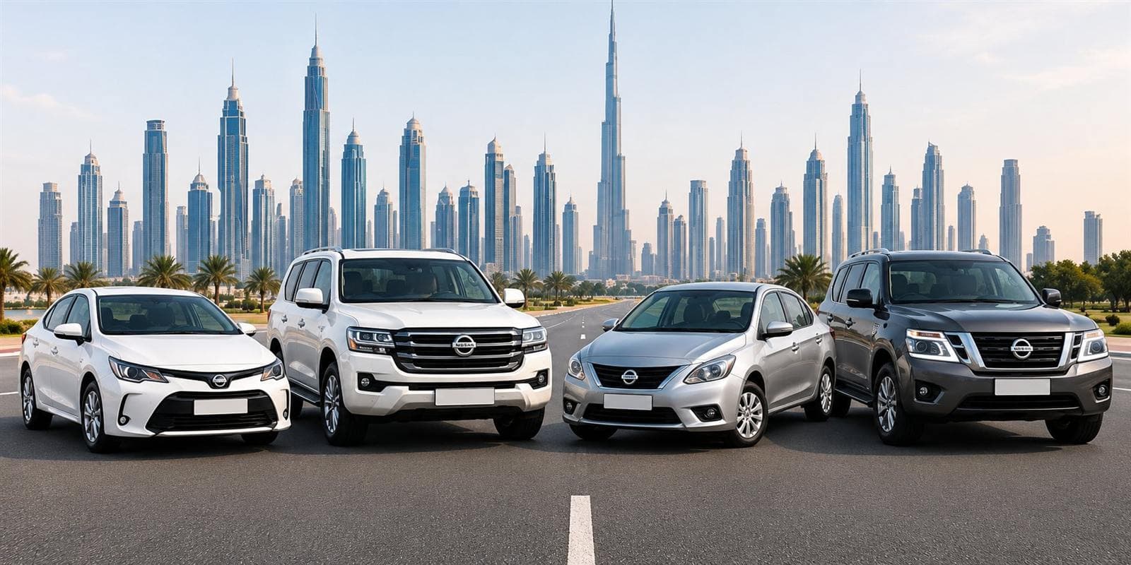 Dubai silüetinin önünde sıralanmış Toyota Corolla, Land Cruiser, Nissan Sunny ve Patrol