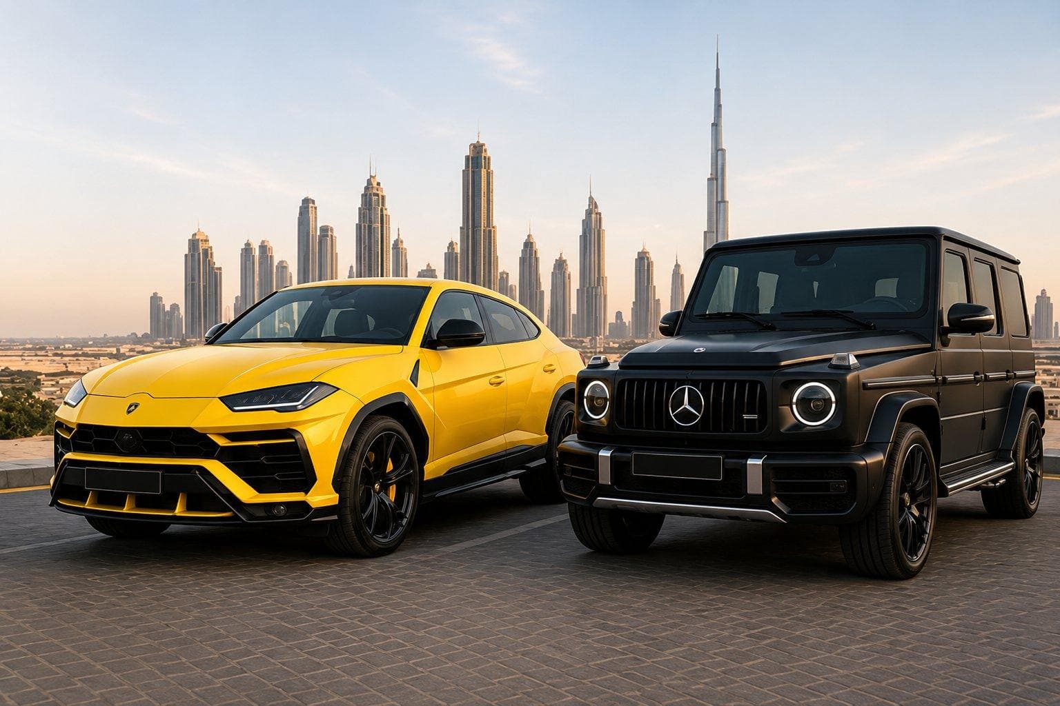 سيارة Lamborghini Urus صفراء وMercedes-AMG G63 سوداء أمام أفق دبي