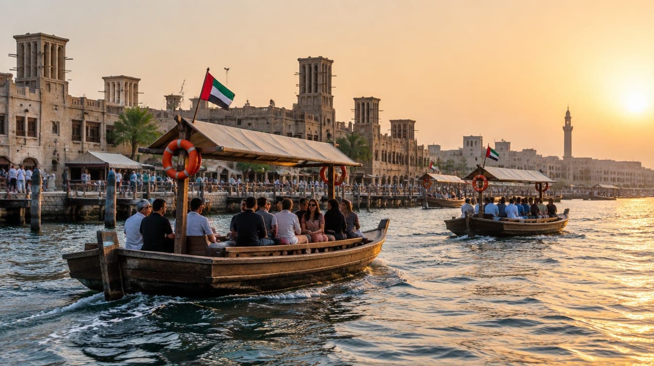 Traditional wooden abra boats carrying passengers across Dubai Creek in the late afternoon