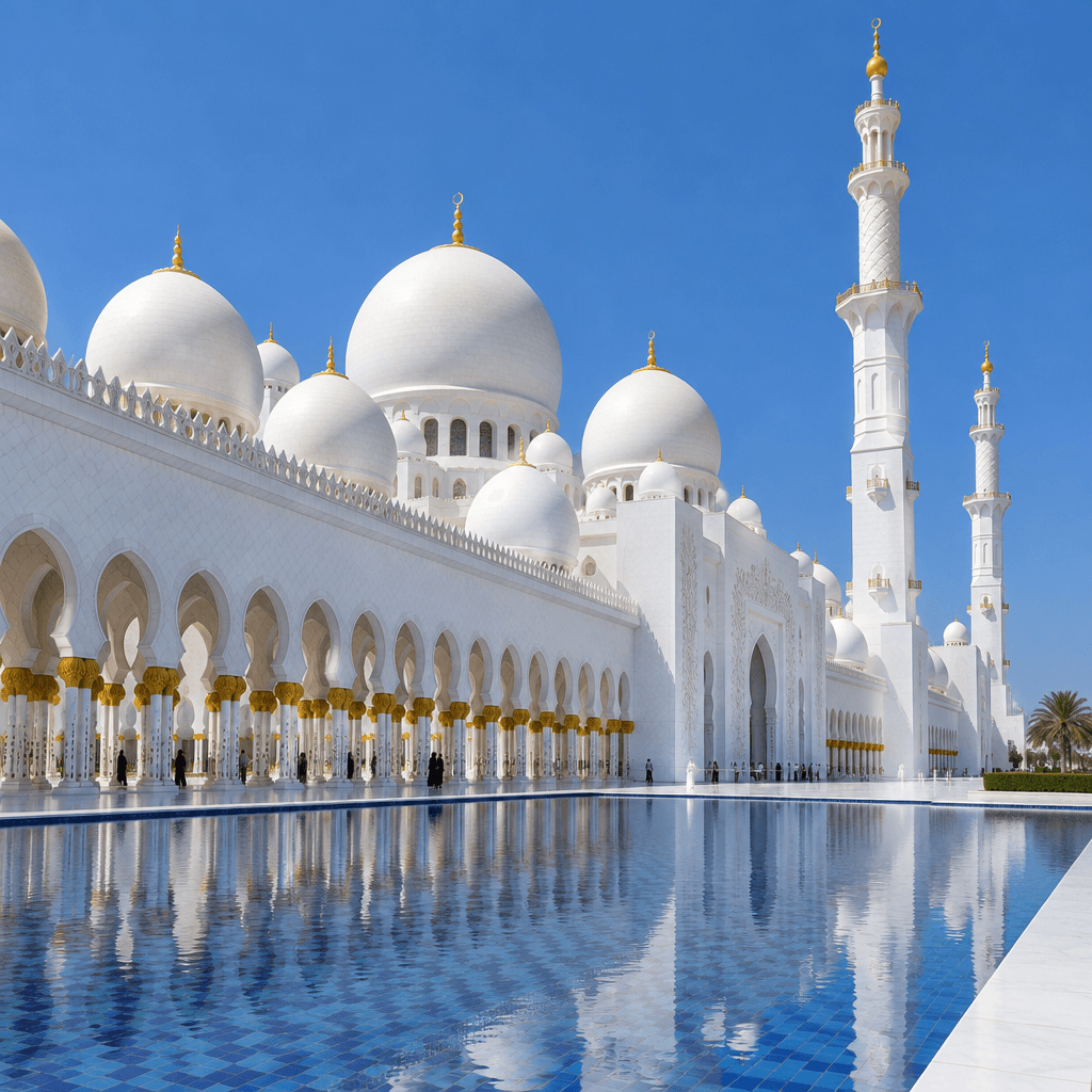 Die weißen Marmorkuppeln und Säulengänge der Sheikh Zayed Grand Mosque in Abu Dhabi an einem klaren Tag.