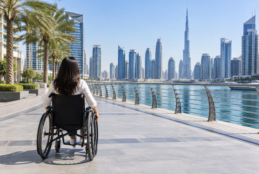 Una persona en silla de ruedas en un paseo marítimo de Dubái liso y sin escalones, con torres modernas al fondo