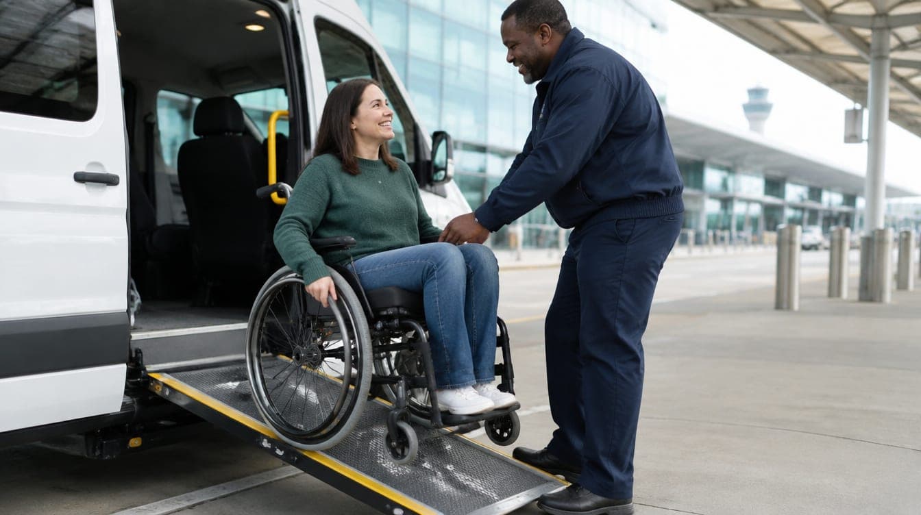 A traveller in a wheelchair boarding a van by its ramp outside an airport terminal
