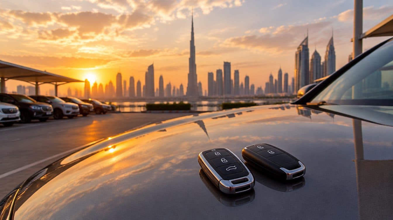 موظف تأجير عند مكتب تأجير سيارات في دبي يفحص رخصتي قيادة لسائقين اثنين، وعلى المنضدة مجموعة مفاتيح سيارة