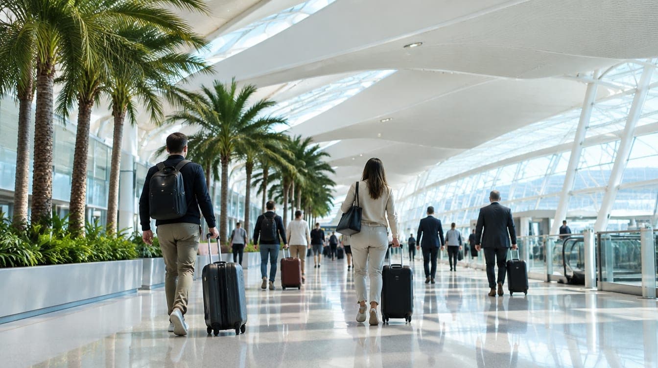 Travellers walking through a bright modern airport concourse with palm trees