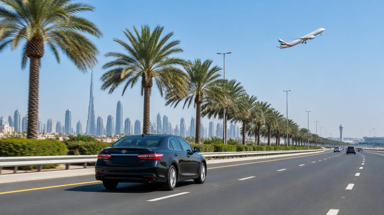 Traffic on a wide multi-lane highway across Dubai with the skyline ahead
