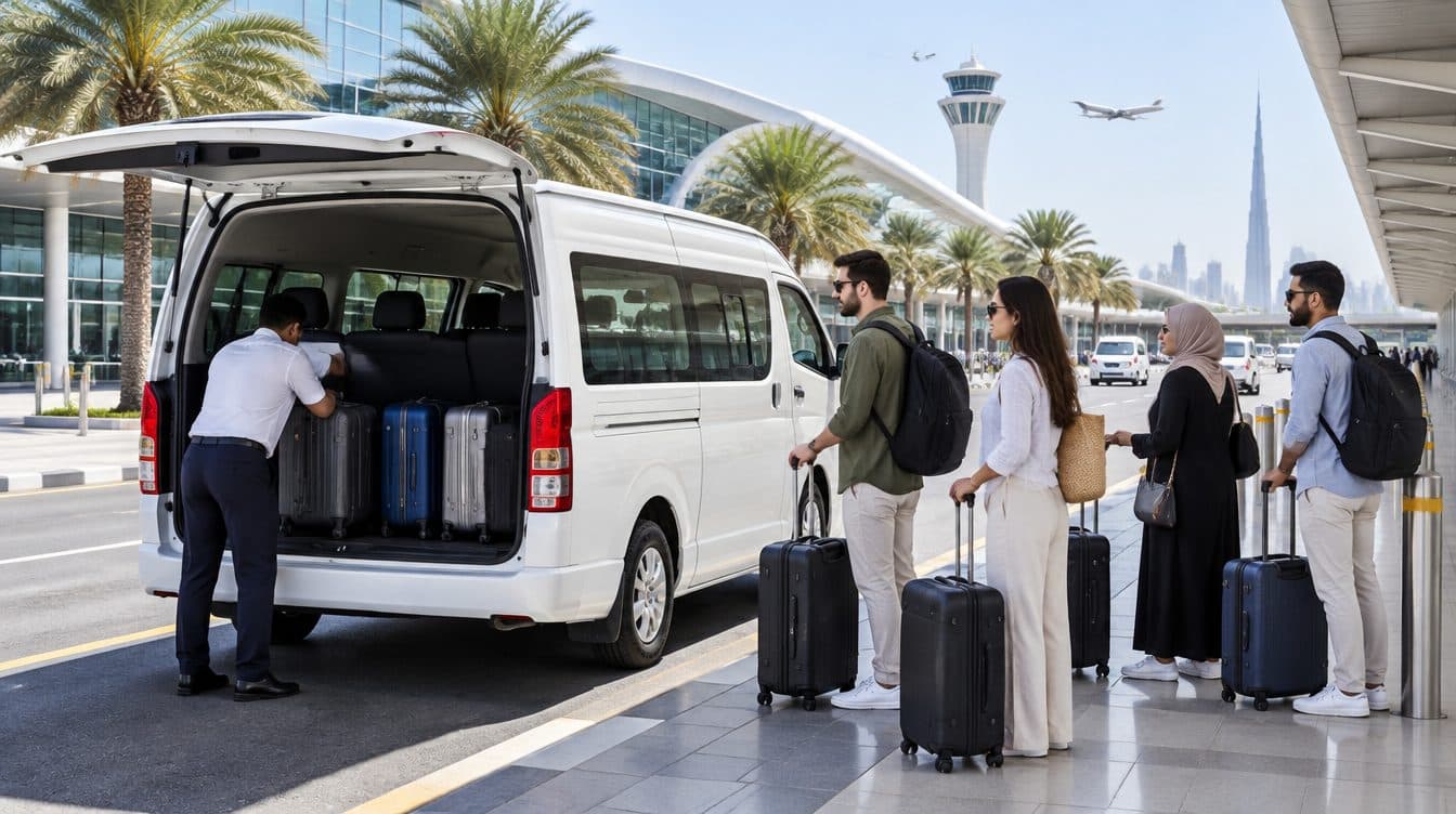 Ein Fahrer lädt Koffer in den Gepäckraum eines weißen Passagier-Vans, während eine Gruppe von Reisenden mit Gepäck am Bordstein vor einem Terminal eines Flughafens in Dubai wartet