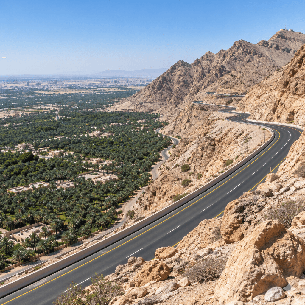 Eine kurvenreiche Bergstraße steigt oberhalb der grünen Dattelpalmen-Oase und der kahlen Berge von Al Ain an.