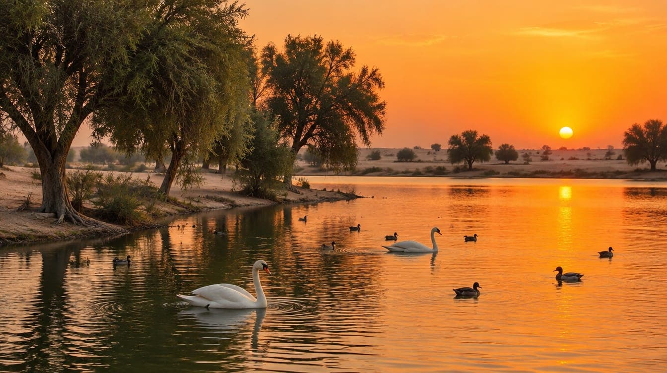 A calm desert lake fringed with trees at sunset, with birds on the water