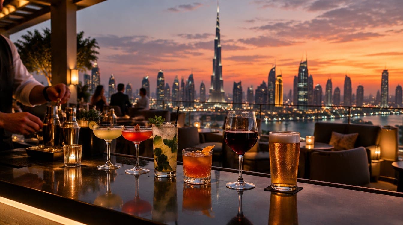 Drinks on a bar counter at a licensed hotel lounge in Dubai at dusk