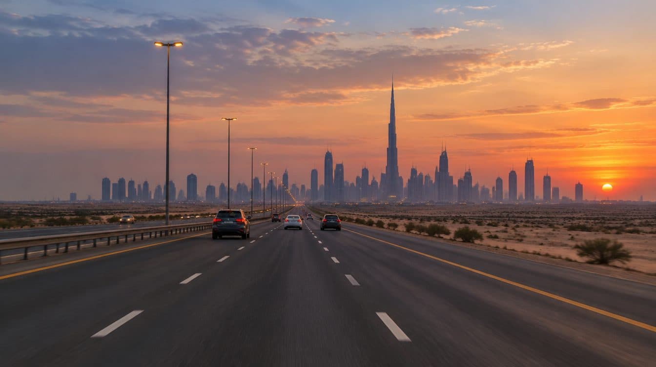 Autos auf einer breiten mehrspurigen Autobahn bei Sonnenuntergang, die durch offene Wüste in Richtung Burj Khalifa und der Skyline von Dubai fahren
