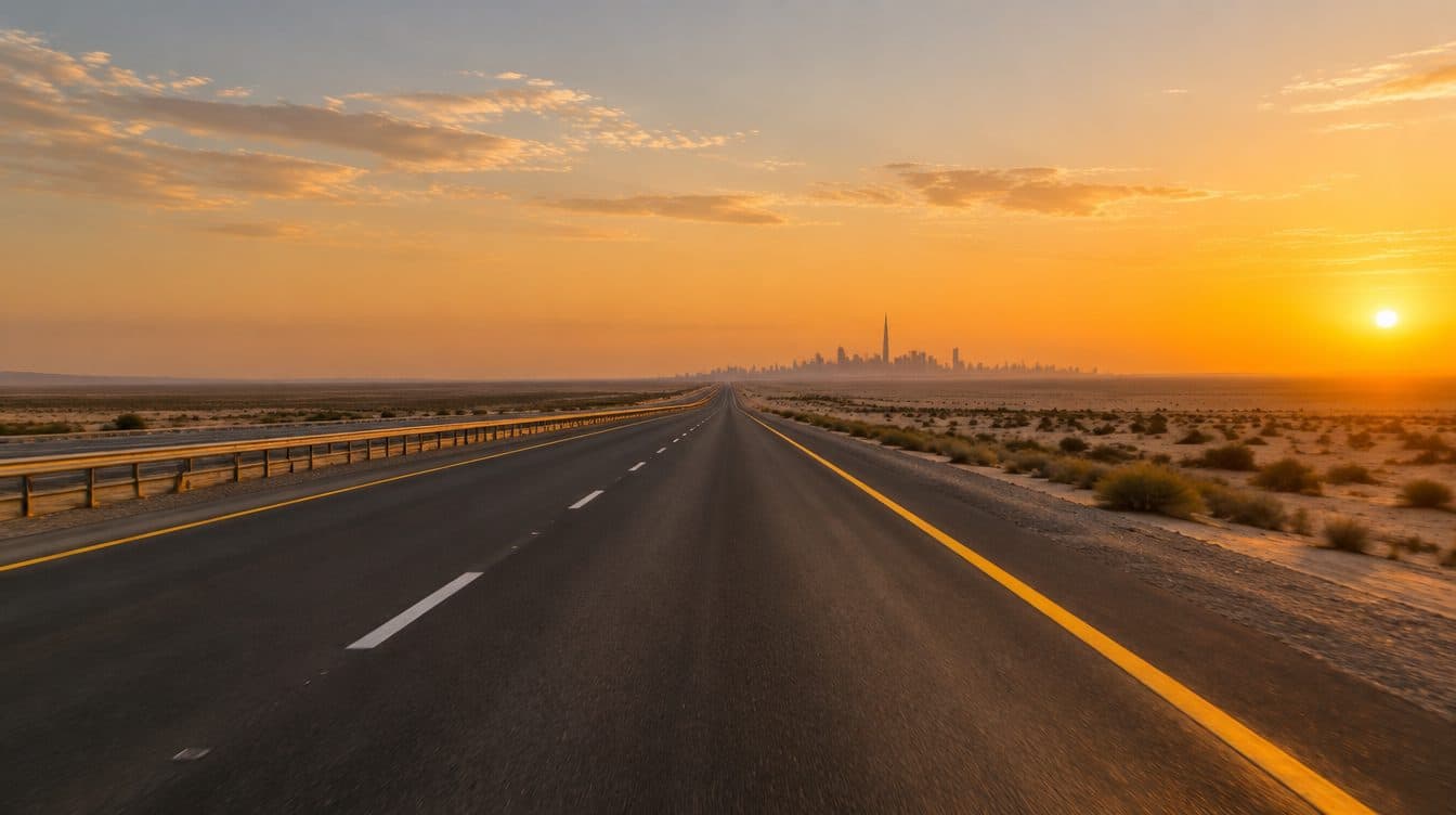 سيارة على طريق سريع واسع متجهة نحو أبراج دبي مارينا الشاهقة
