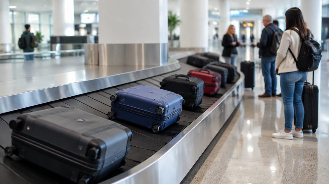 Suitcases moving along a baggage carousel in a modern airport arrivals hall
