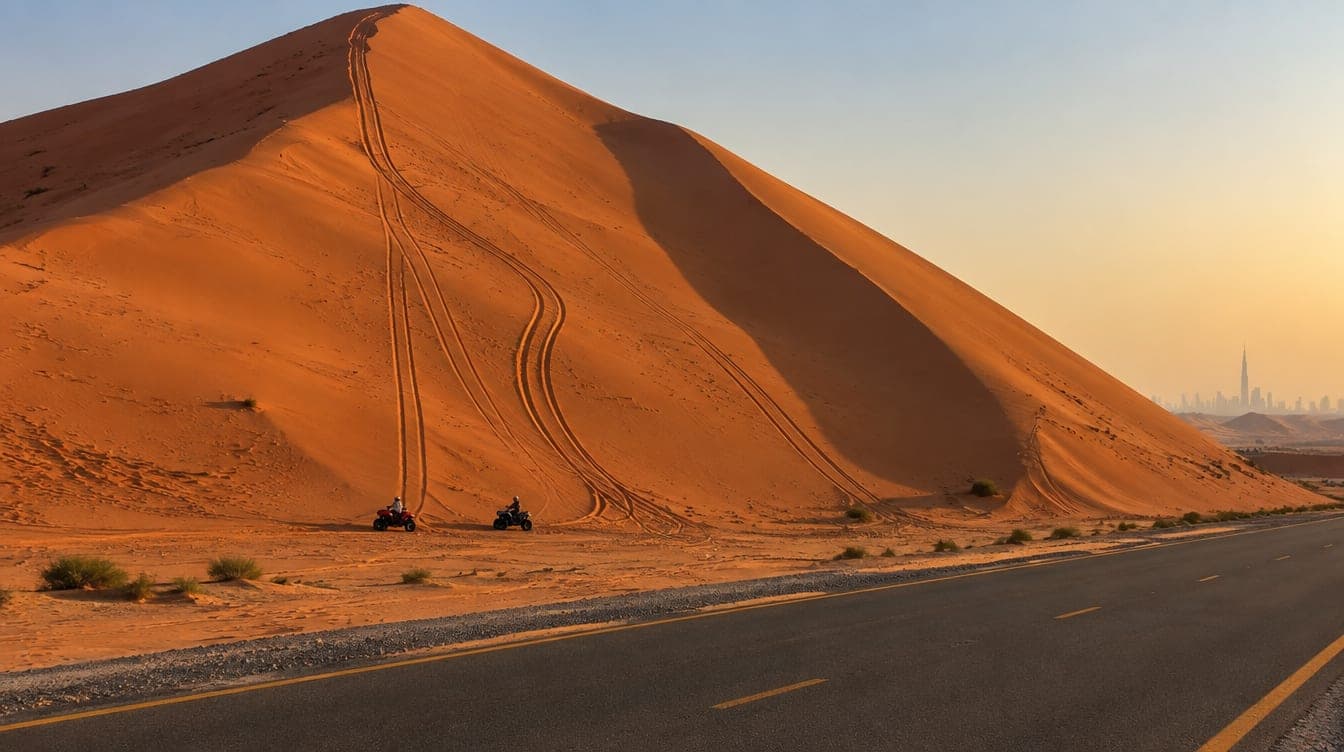 A tall red sand dune rising beside a desert road, with 4x4 tracks on its slope