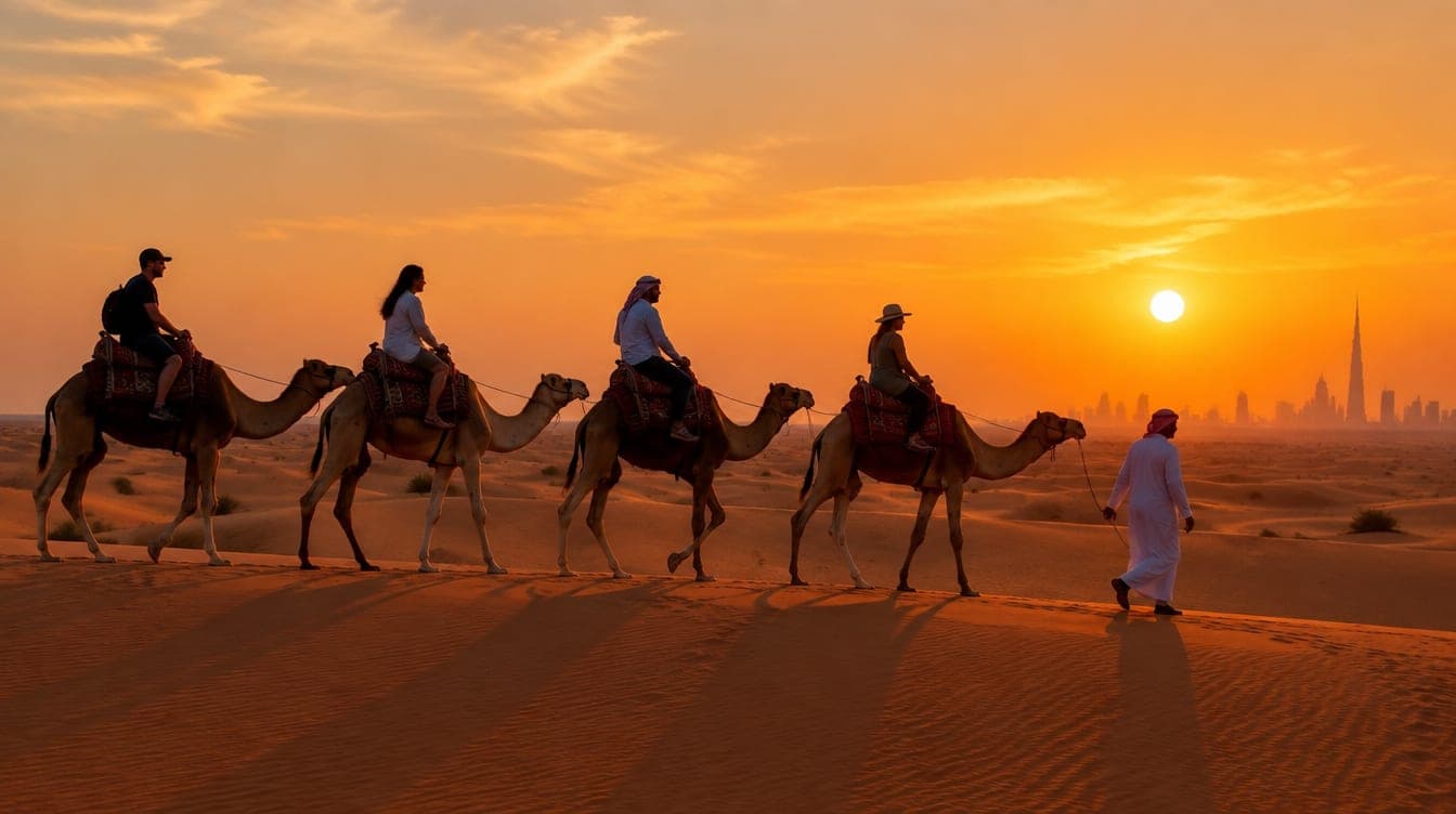 A line of camels with riders walking across the red dunes at sunset