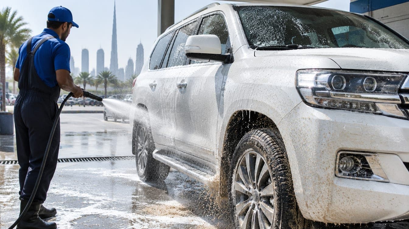 Ein staubiger weißer Miet-SUV wird in einer Autowaschanlage in Dubai abgespritzt