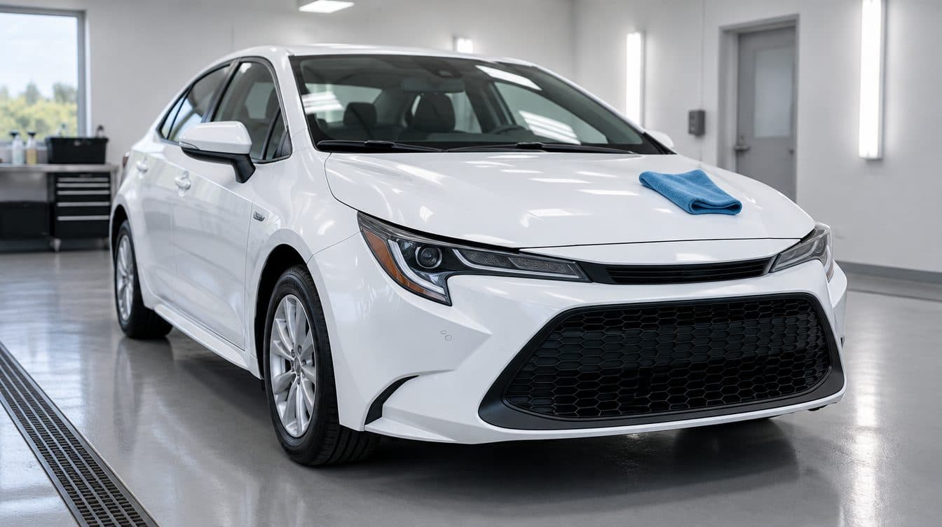 Eine saubere weiße Limousine steht in einer hellen Aufbereitungsbox, auf der Motorhaube liegt ein blaues Mikrofasertuch