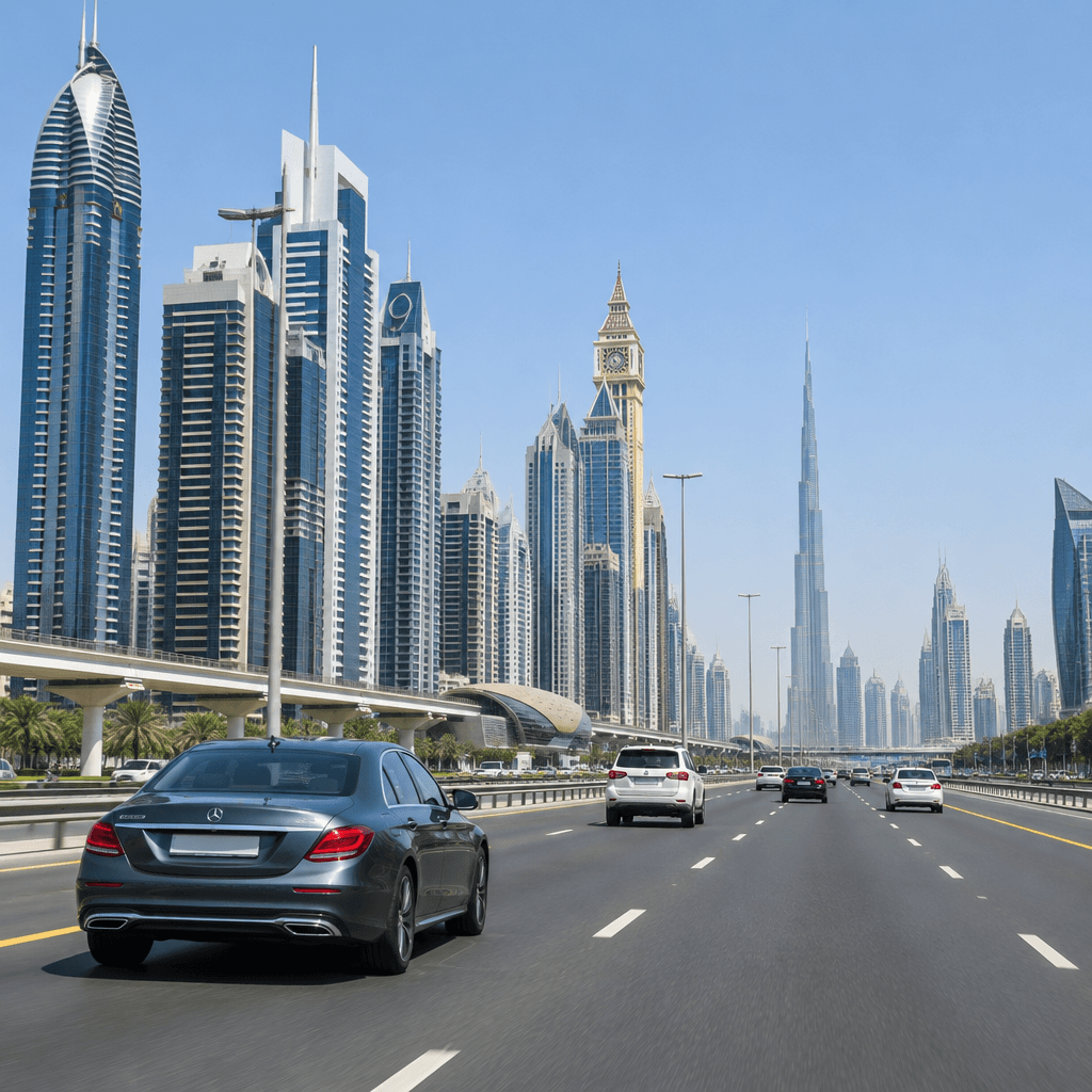 A rental car driving along a wide multi-lane road in Dubai with the city skyline ahead