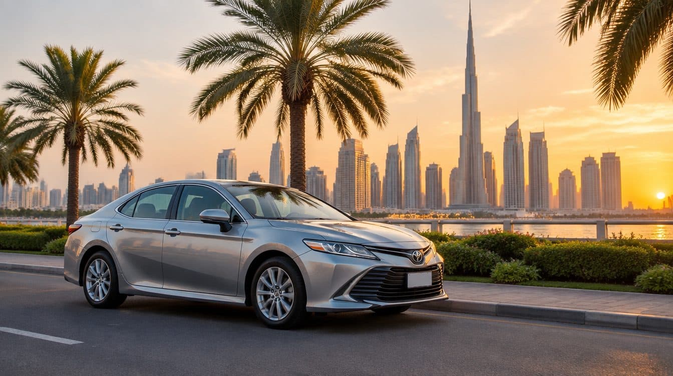 A silver sedan rental car on a palm-lined Dubai street at golden hour, the Dubai skyline behind