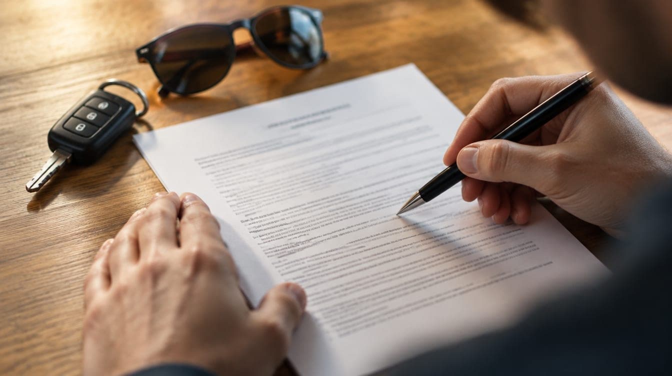 Des mains vérifiant les petits caractères d'un contrat de location de voiture avec un stylo à Dubai avant la signature
