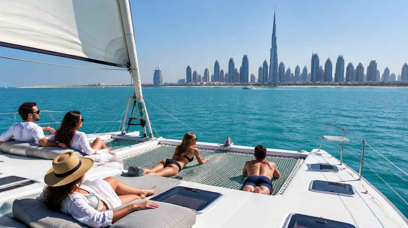 A white catamaran with guests on its wide deck sailing off the Dubai coastline