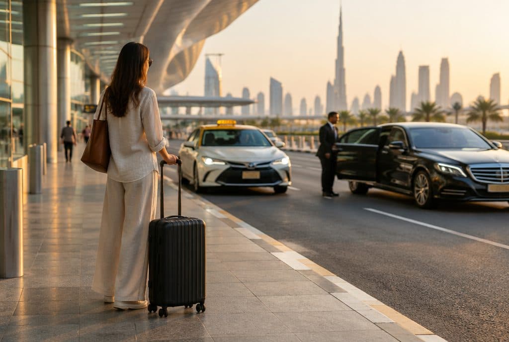 Ein Reisender mit Koffer im Abholbereich der Ankunftshalle eines Flughafens in Dubai, ein Taxi und ein Auto mit Chauffeur warten am Bordstein