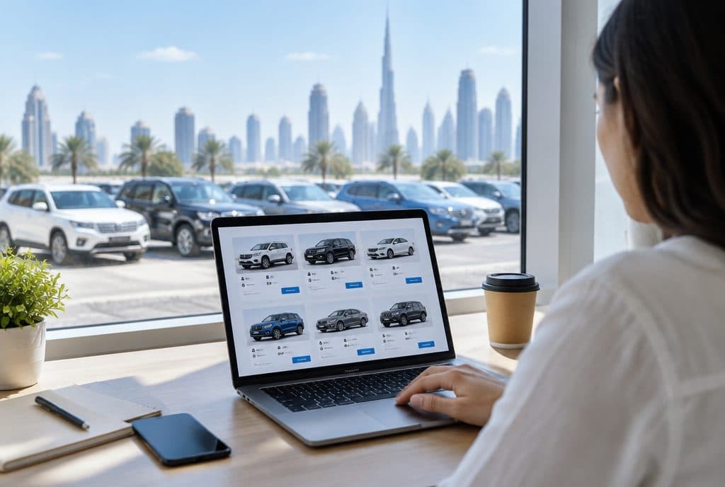 A traveller comparing UAE car rental offers on a laptop, with a row of rental cars and the Dubai skyline visible through the window