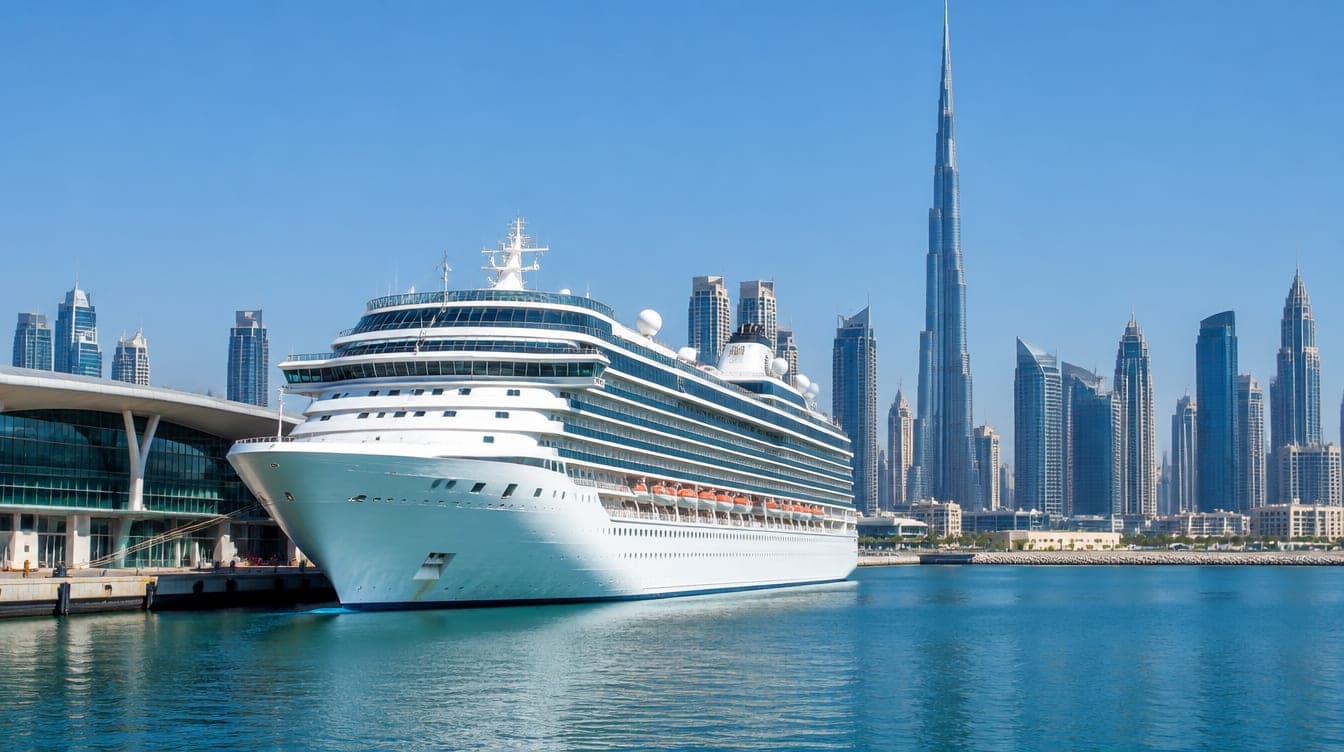 A large cruise ship docked at a modern Dubai cruise terminal with the skyline behind