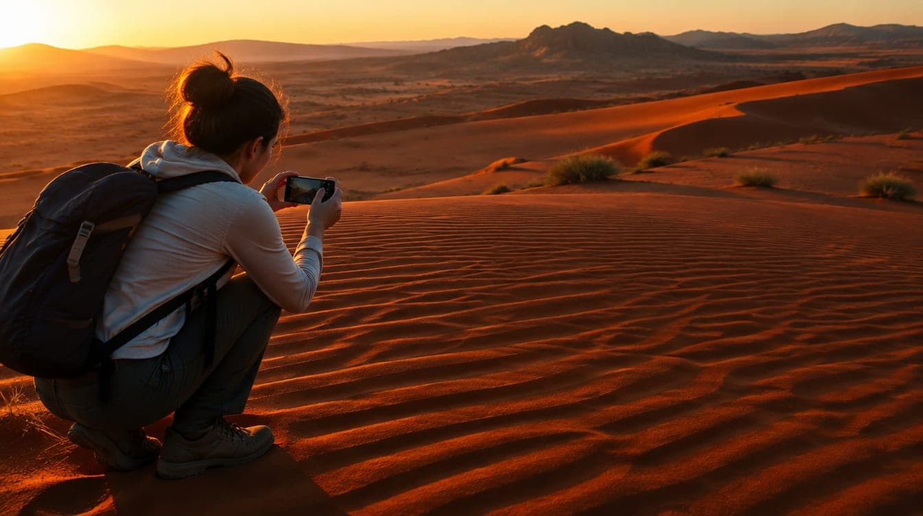 A traveller photographing rippled red dunes with a phone at golden hour