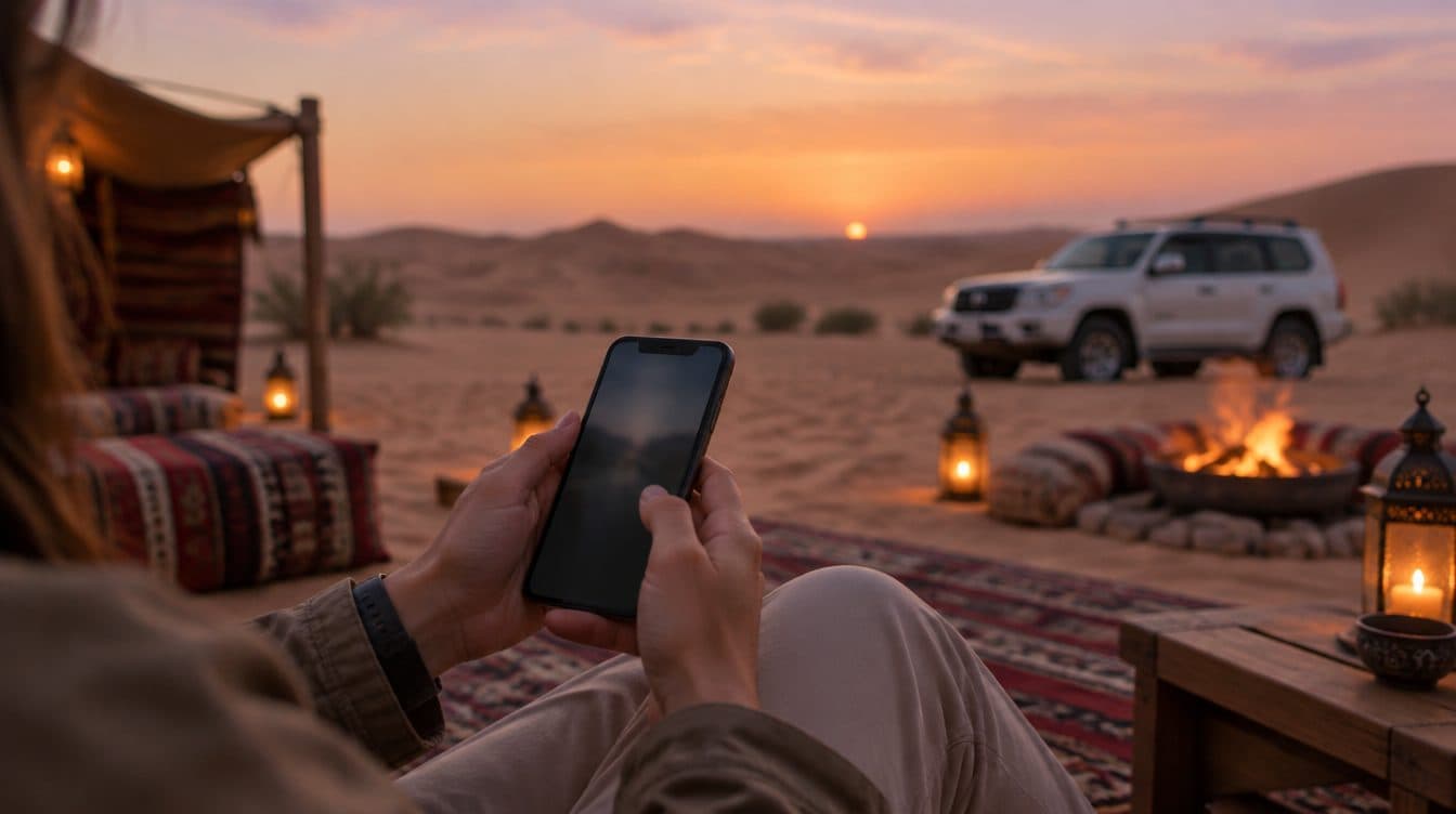 مسافر يراجع تأكيد حجز على هاتفه بجوار مركبة للطرق الوعرة في مخيم صحراوي بدبي عند الغروب، وخلفه كثبان حمراء
