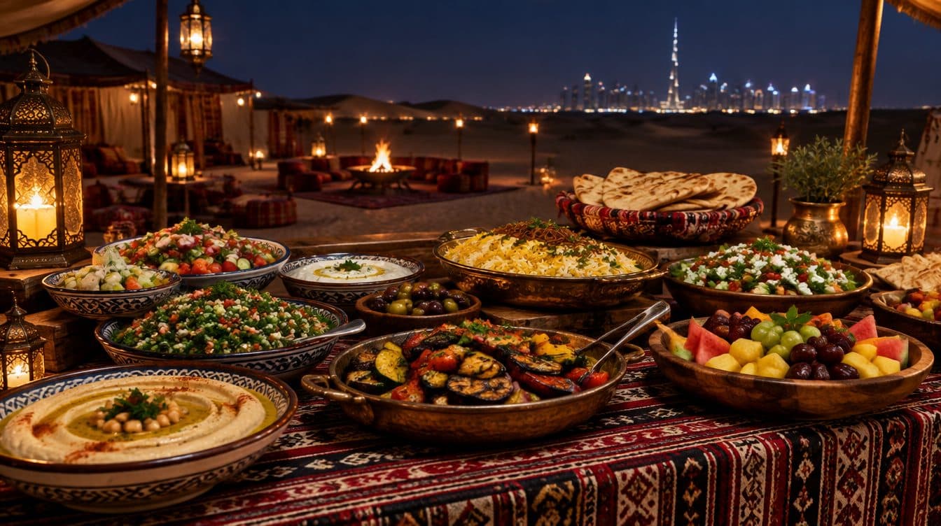 Buffet-Abendessen im Camp mit Salaten, Brot und gegrillten Gerichten bei einer Wüstensafari in der Nähe von Dubai
