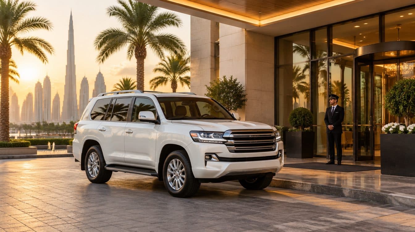 Ein Wüstensafari-Fahrzeug wartet am späten Nachmittag am Eingang eines Hotels in Dubai, während Gäste einsteigen
