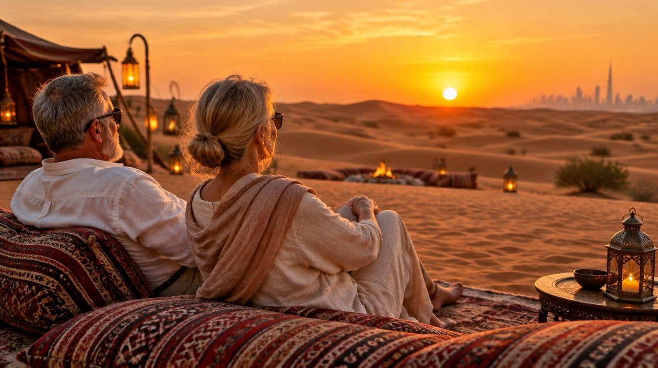 Ein älteres Paar entspannt auf bequemen Sitzplätzen in einem Wüstencamp bei Dubai, während die Sonne über den Dünen untergeht