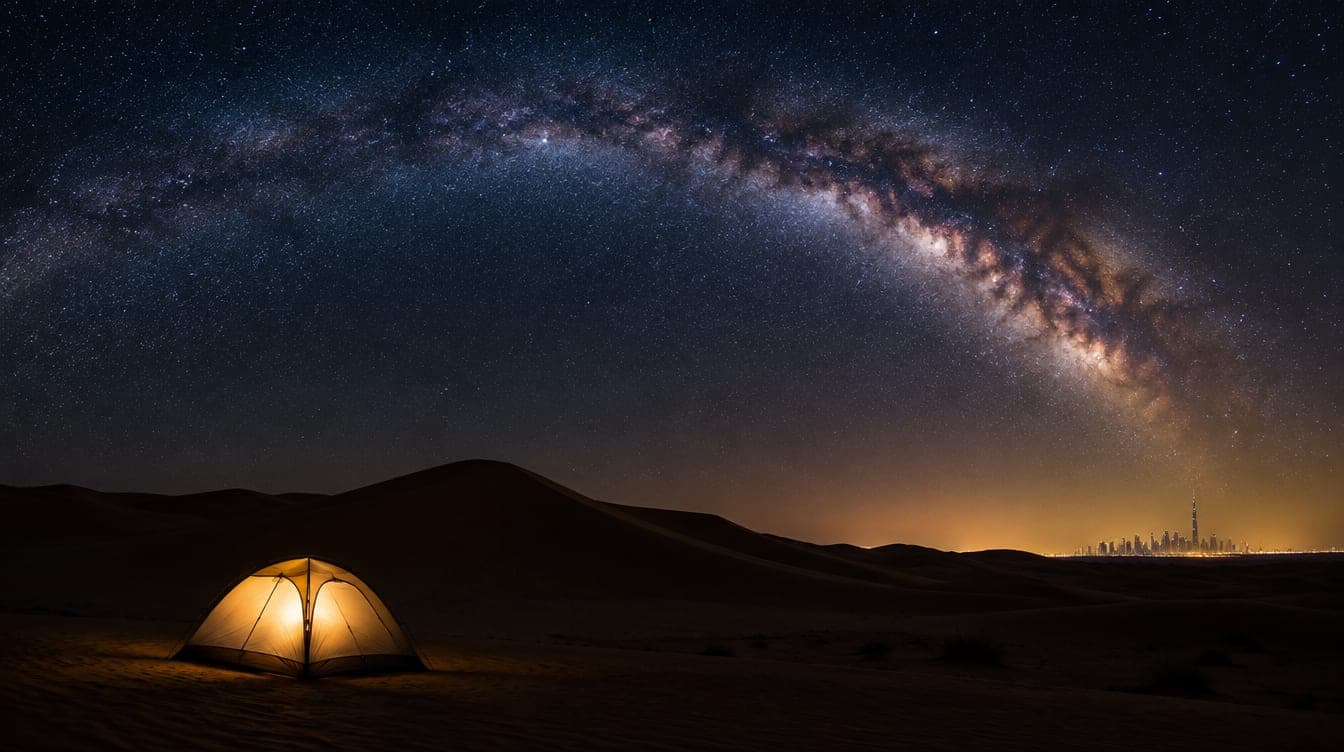 The Milky Way over silhouetted desert dunes on a clear night