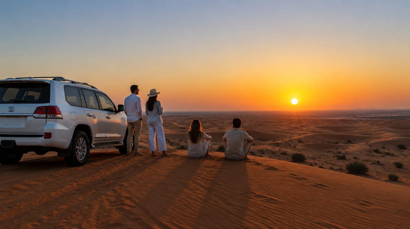 Travellers beside a 4x4 on a dune ridge outside Dubai watching the sun set