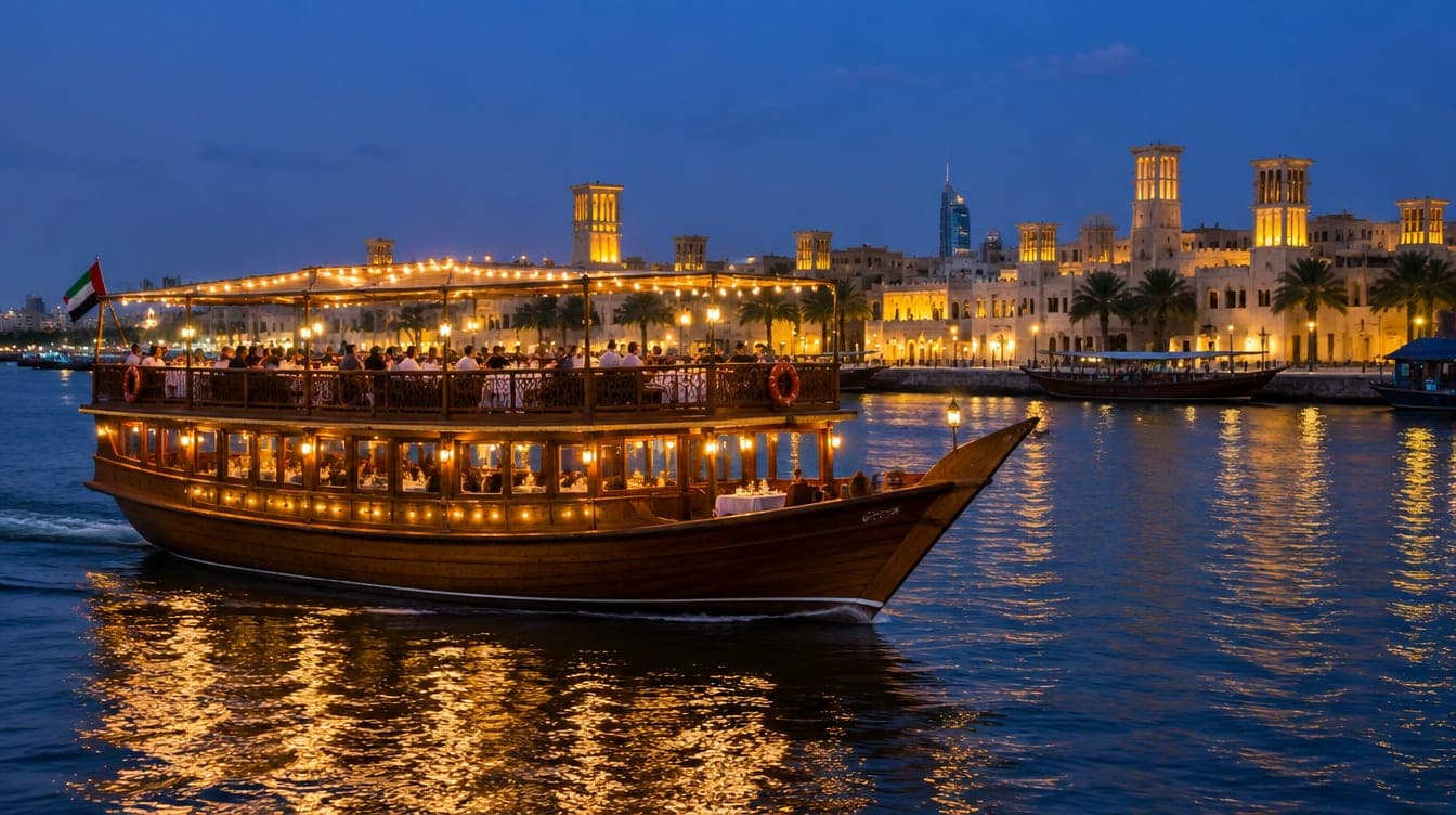 A wooden dhow lit with string lights carrying diners along Dubai Creek at dusk, wind towers glowing behind