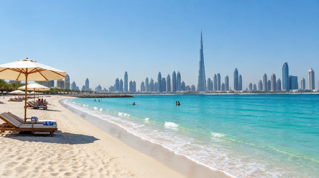 Dubai'de turkuaz suyu ve uzakta şehrin silüetiyle temiz bir halk plajı