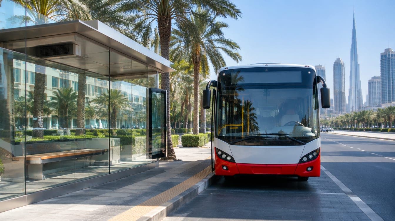 A modern city bus at a shaded, air-conditioned bus shelter in Dubai